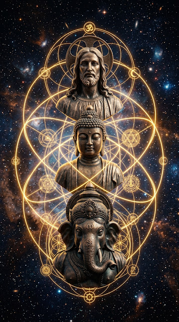 Surreal Cosmic Composition Of Jesus, Buddha, And Ganesha - Free mobile Wallpaper