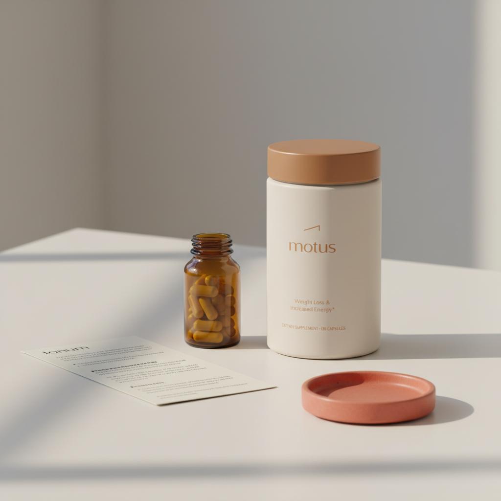 Tonum Motus container beside an amber berberine bottle and informational leaflet on a minimalist tabletop in brand colors — berberine vs Ozempic