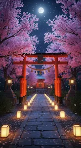 Illuminated Torii Gate Path Under Full Moon and Sakura