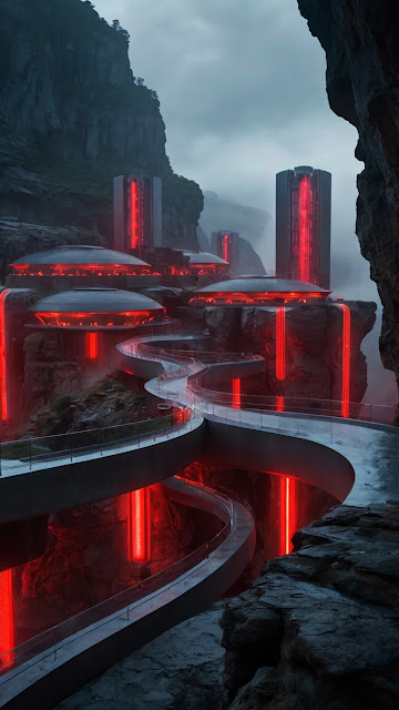 Futuristic City with Red-Lit Bridges in Canyon - Free mobile Wallpaper