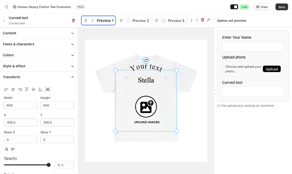 Transform panel with Width, Height, X, Y, Skew X, Skew Y, Opacity, and Rotation fields