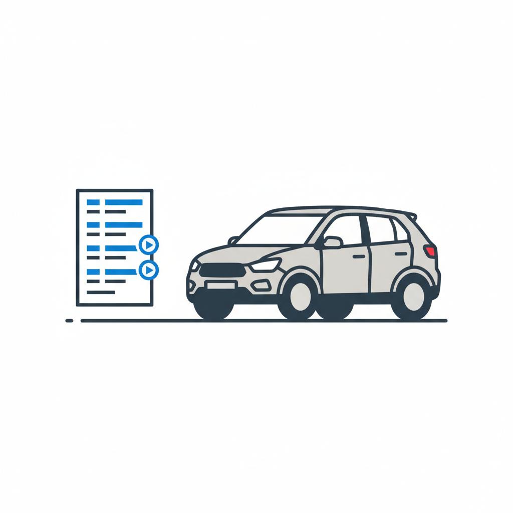 Minimalist vector illustration of a used SUV next to a printed vehicle history report with blue highlighted service entries and a circular pointer indicating important records honda crv for sale