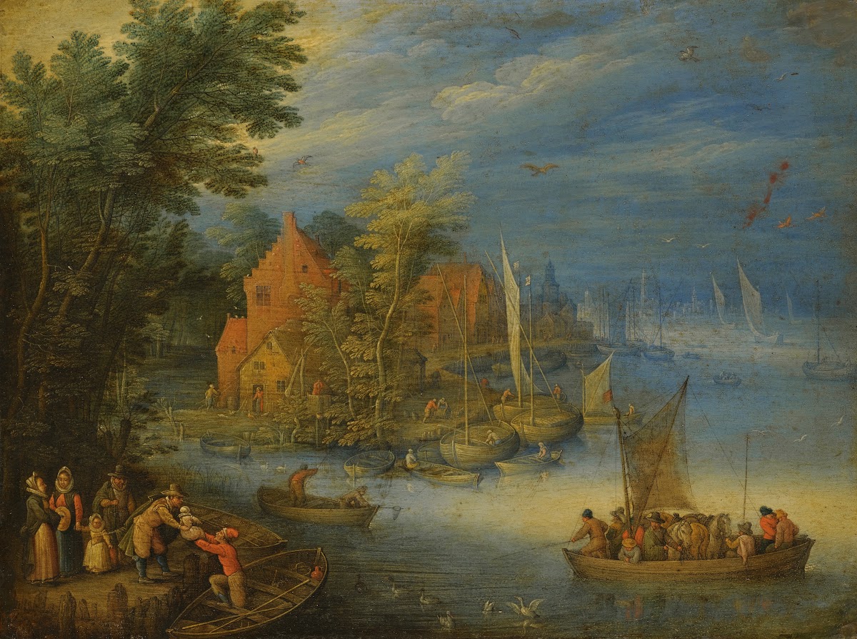 A Town On The Banks Of A Wide River With A Heavily Laden Ferry Approaching The S