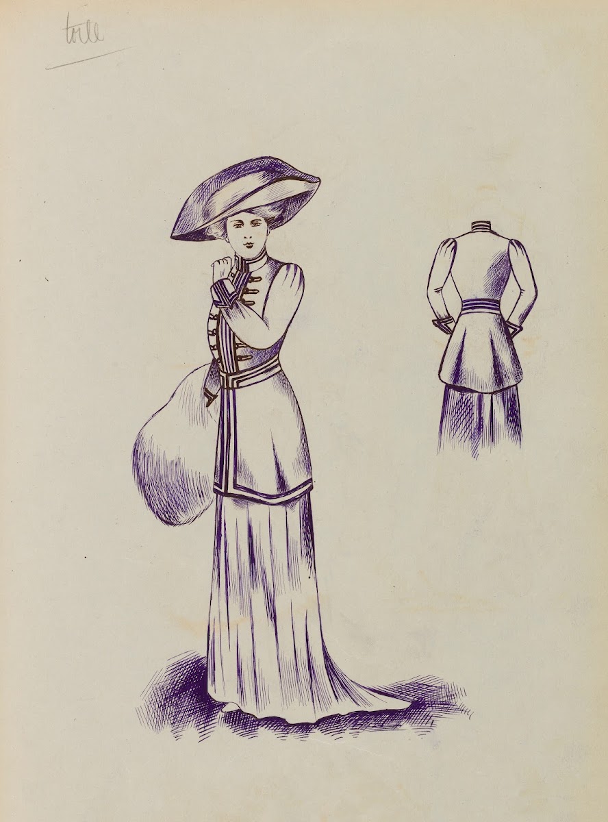 Figure de femme de trois quart portant un manteau court sur robe longue un manch
