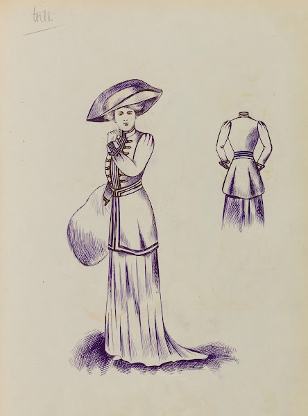 Figure de femme de trois quart portant un manteau court sur robe longue un manch