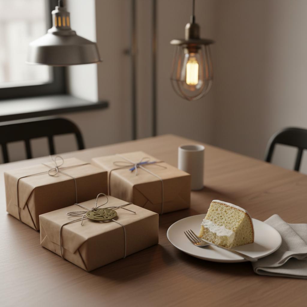Intime Esstischszene mit persönlich verpackten Geschenken und Vanillekuchen als liebesbeweis für eine frau, Metallanhänger im Vordergrund, warmes Licht, minimalistisches Industrial-Design