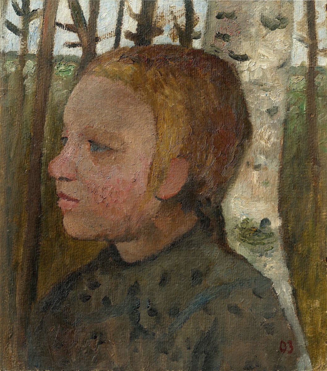 Brustbild eines Mädchens nach links vor Birken 1903