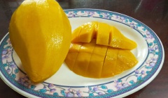 Xoài gọt vỏ, thái thành những miếng vuông nhỏ và bỏ qua đêm trong tủ đá. Sữa chua Hy Lạp là sữa chua đã chắt lọc phần nước đi giúp cho sữa chua đặc sệt (nên dùng sữa chua tự làm, vì sữa chua bán bên ngoài thường bỏ gelatin nên rất khó để chắt nước).