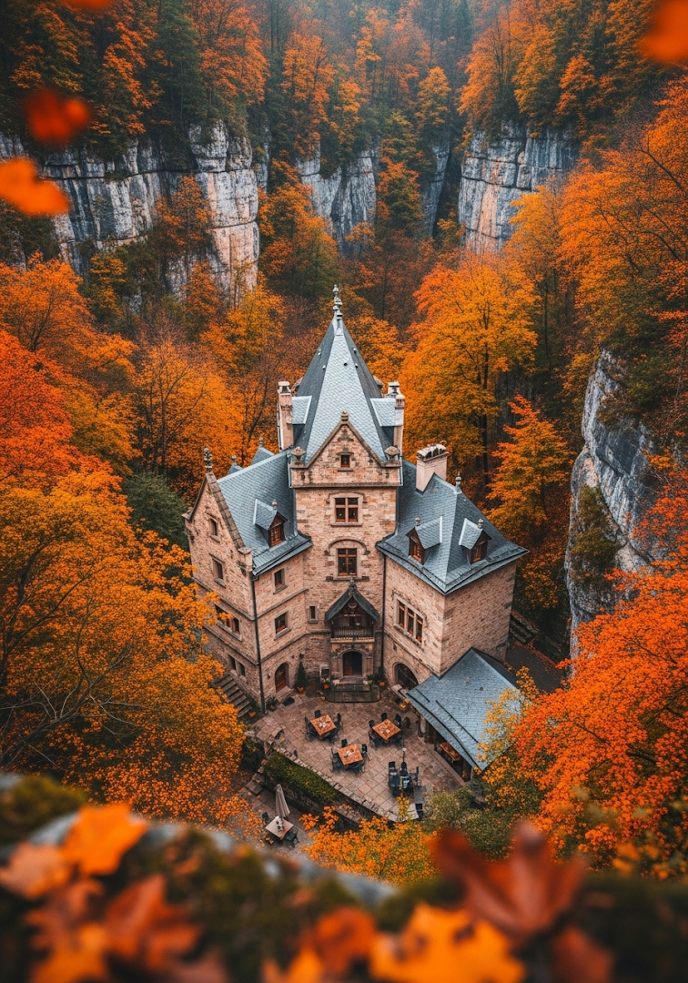 Medieval House Autumn Forest Aerial Stone Walls