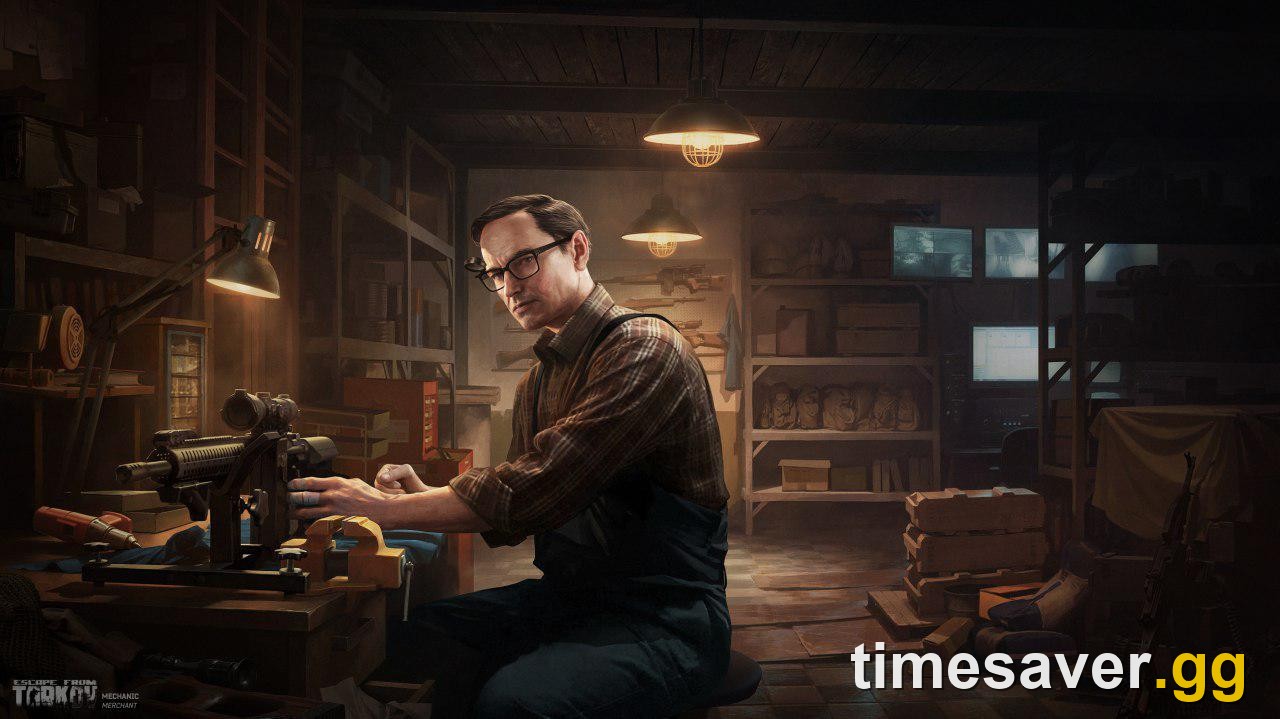 Official Escape from Tarkov key art of the trader Mechanic modding a rifle at his workbench — Loyalty Level 4 unlocks his best ammo and meta weapons