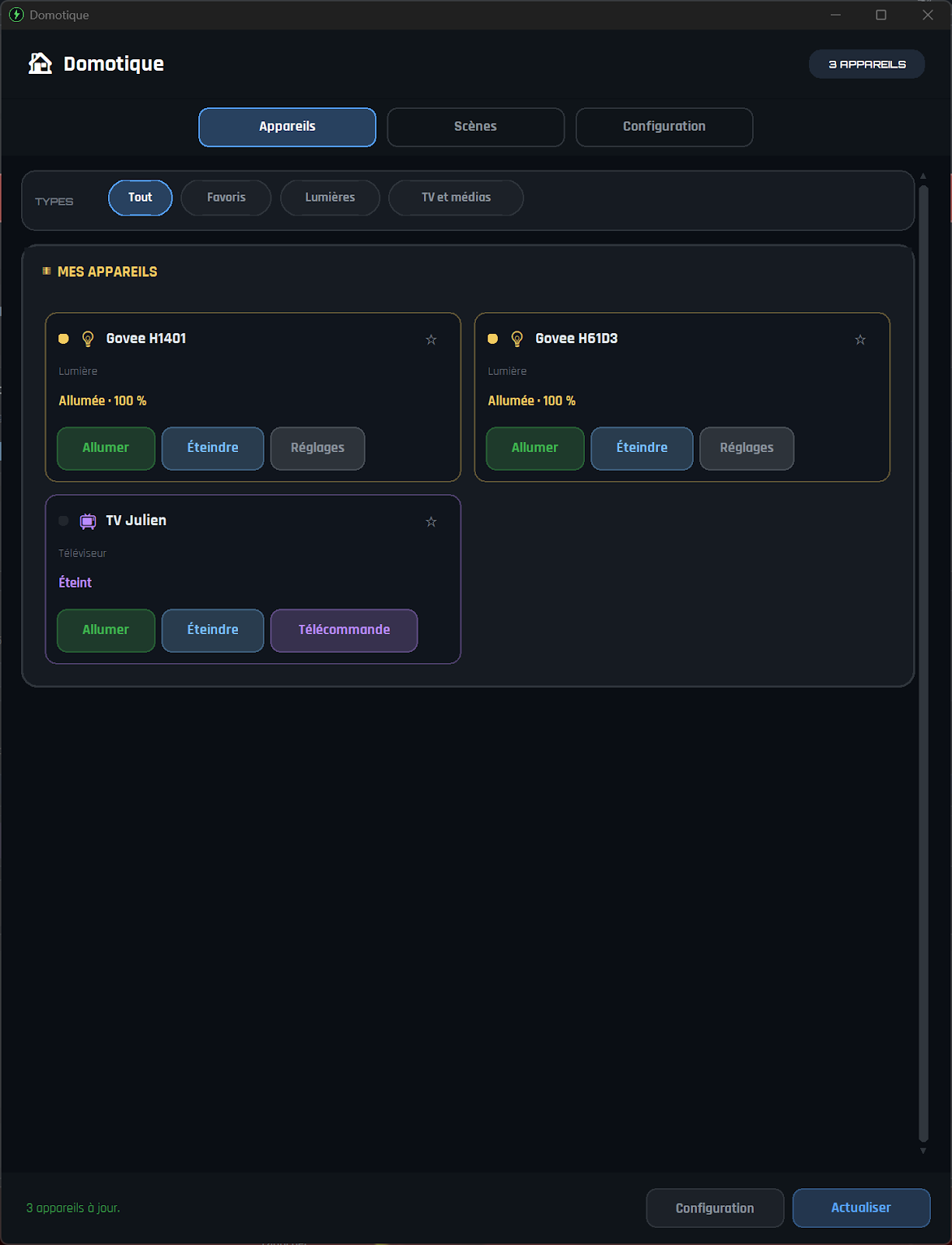 Accessibility Controller - fenêtre Domotique avec les cartes d'appareils connectés, lumières et téléviseur