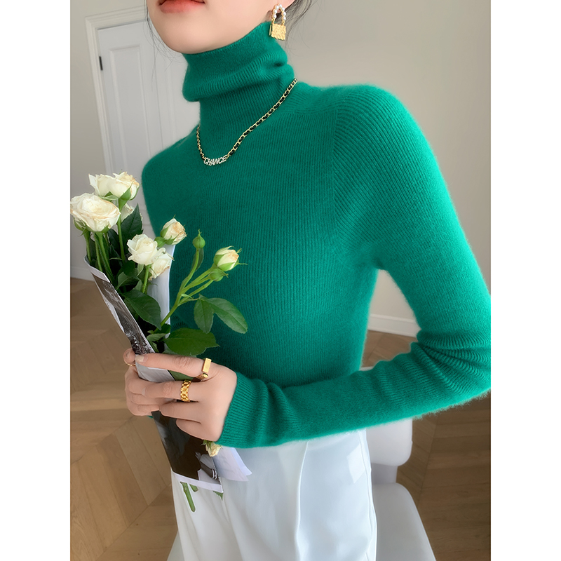 Women's cashmere turtleneck sweater, ribbed, slim fit