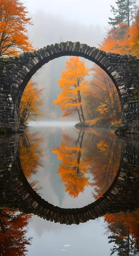 Autumn Stone Arch Bridge Reflection Foggy Lake