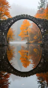 Autumn Stone Arch Bridge Reflection Foggy Lake