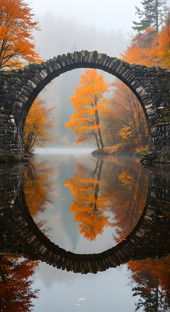 Autumn Stone Arch Bridge Reflection Foggy Lake - Free mobile Wallpaper