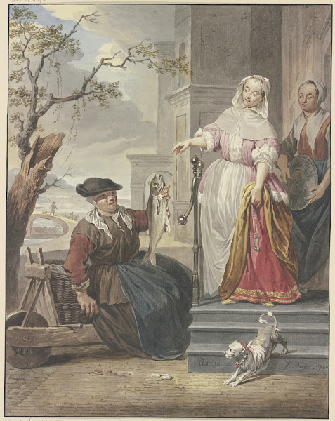 Eine Dame steht mit ihrer Magd vor ihrem Haus und handelt mit einer Fischverkäuf