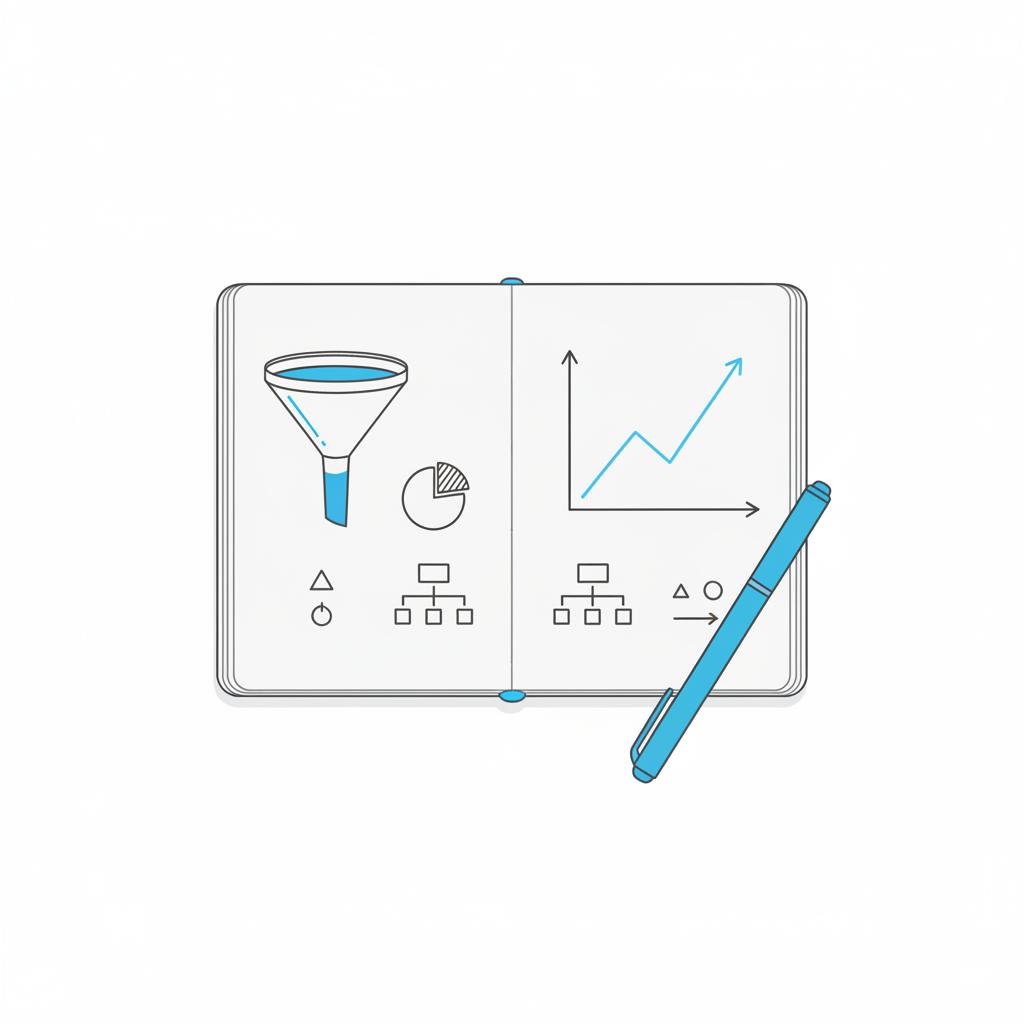 Overhead 2D vector of a neat notepad with a funnel diagram, growth chart and a blue #1a5bfb pen, minimalist Agency Visible style illustrating cost to list business on Google