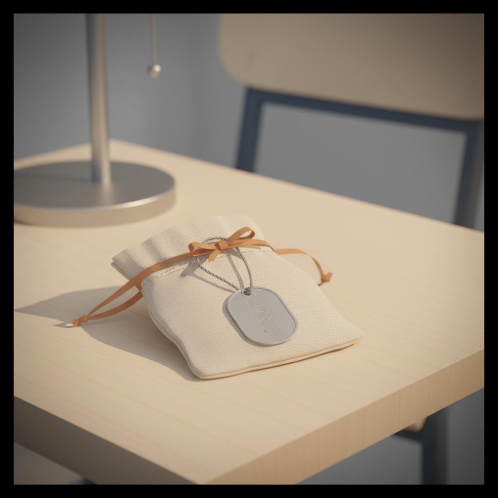 Was schenkt man einem 14-jährigen Jungen: Detailaufnahme eines minimalistischen Stoffbeutels mit graviertem Dog‑Tag auf Holztisch in Steelmonks-Farben, dezentes Band, warme Lichtstimmung