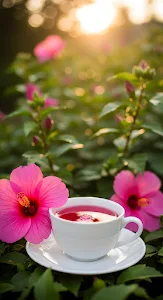 Pink Hibiscus Tea Cup Surrounded by Tropical Flowers at Sunset