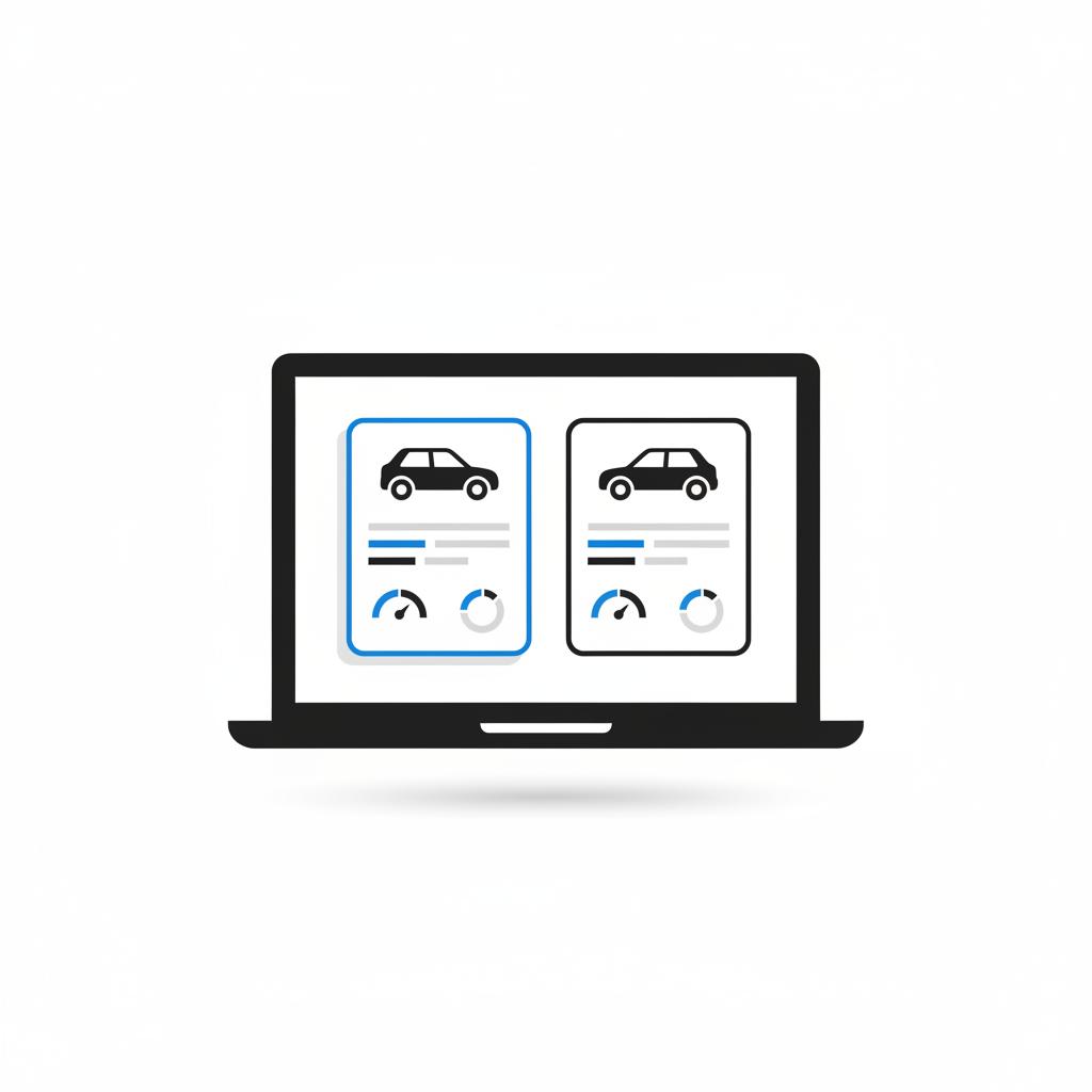Minimalist vector laptop showing two side by side car listings with graphical price analysis visualizations no text ideal for online car buying