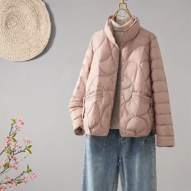 Lightweight short down jacket for women with standing collar