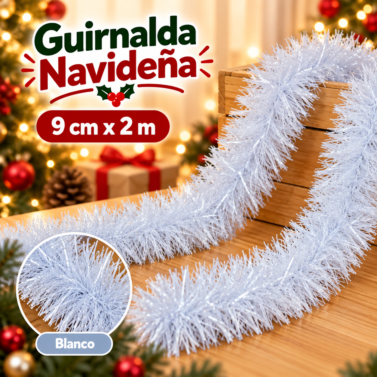 Guirnalda navideña de tinsel blanca 9 cm x 2 m