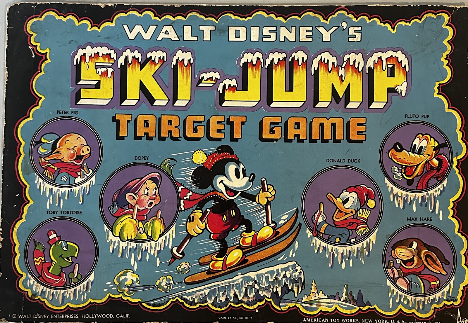 Walt Disney's Ski-Jump Target Game by American Toy Works, late 1930s, featuring Mickey Mouse, Donald Duck, Dopey, and other early Disney and Silly Symphony characters as skiers