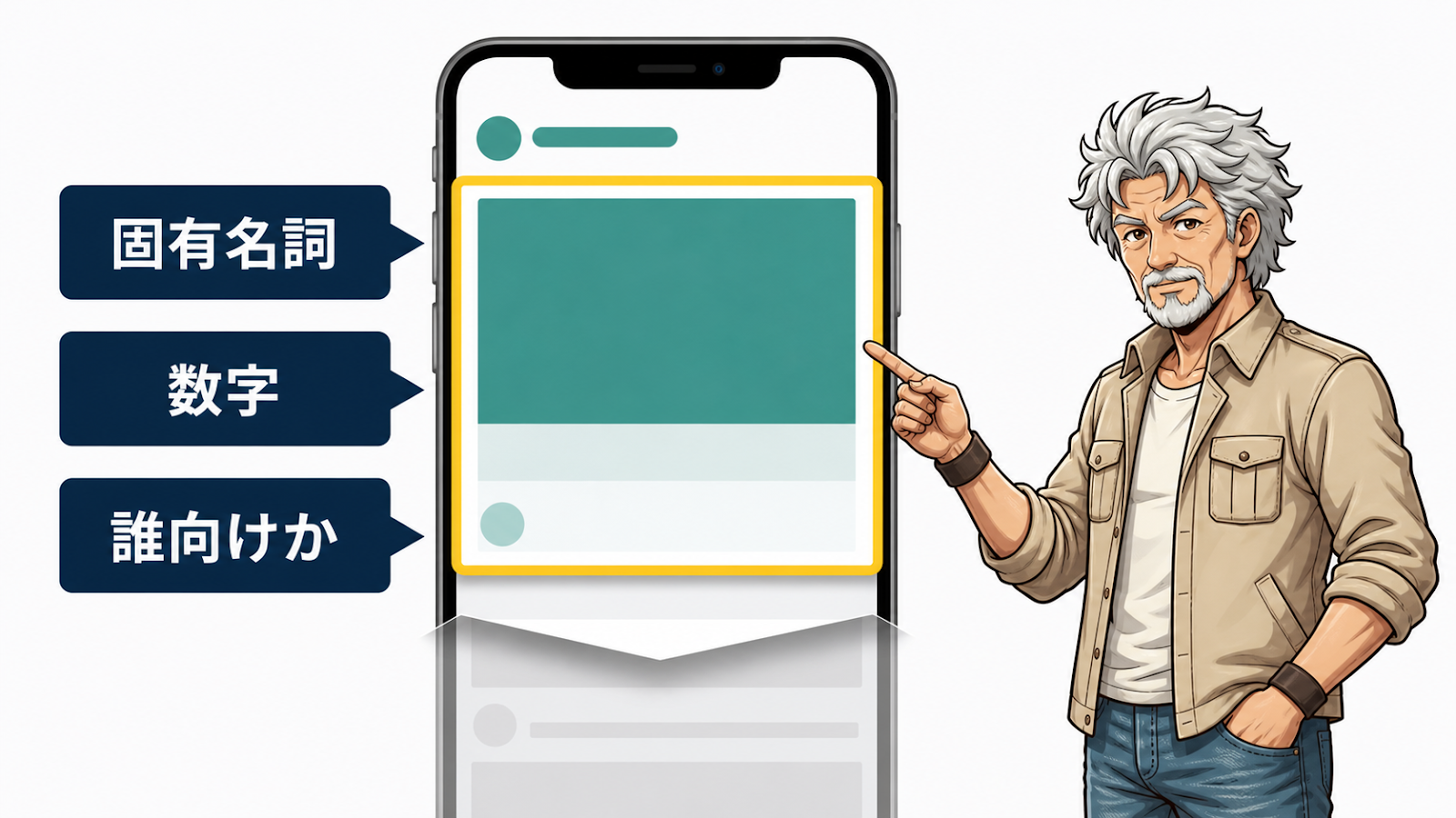 スマホで折りたたまれる冒頭に具体的な名詞・数字・誰向けかの3要素を入れる図