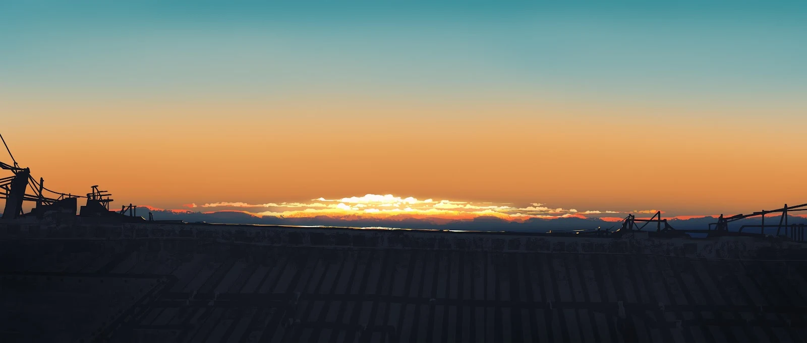 Orange Sunset Over Dark Structure - Stylized Digital Painting 4K Wallpaper (5640x2400)