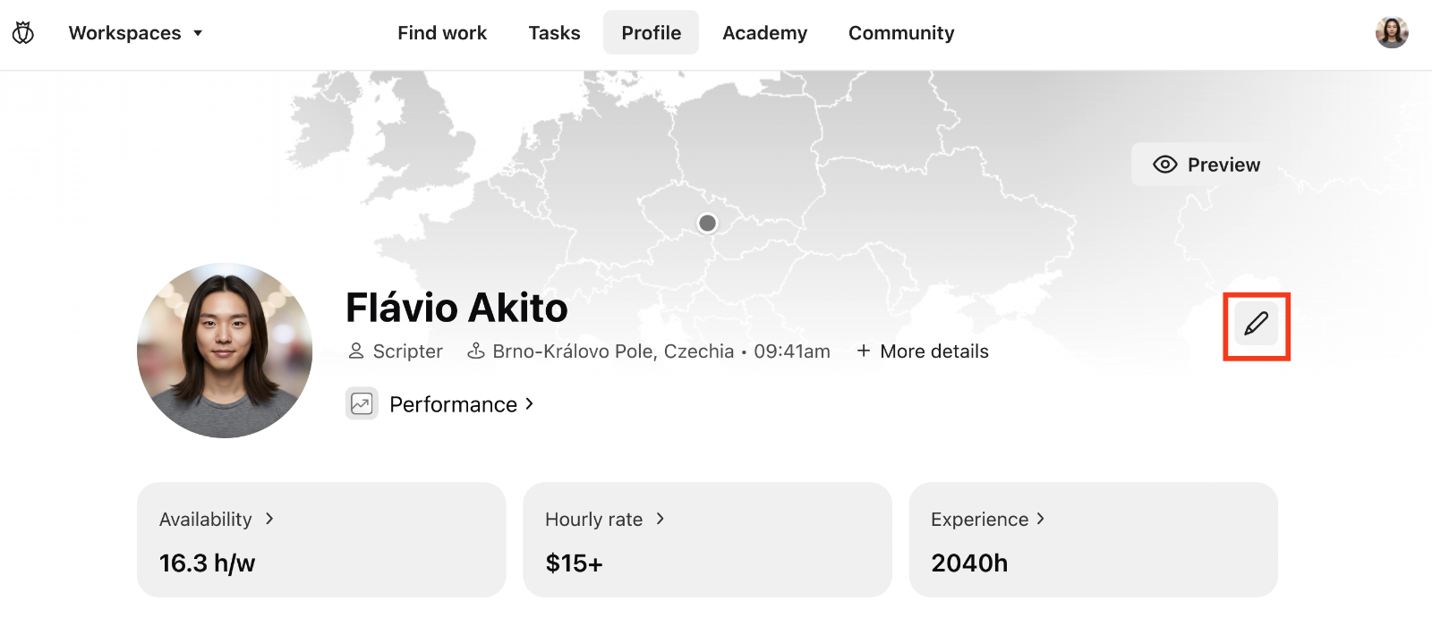 The link to 'Edit profile' on a profile in the Testlio platform.