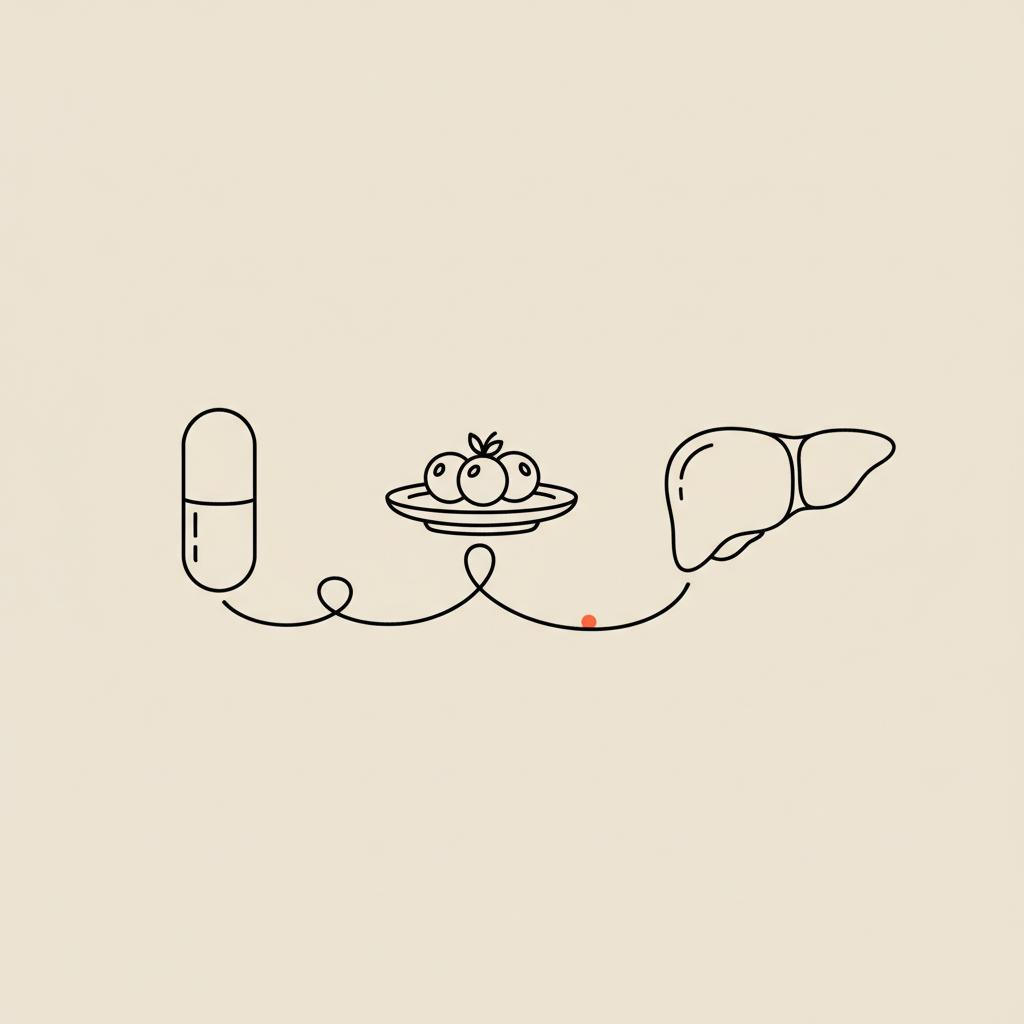 Minimal Tonum-style line illustration of a capsule, plate with berries, and simplified liver connected by a curved line on beige background — blood pressure medications fatty liver