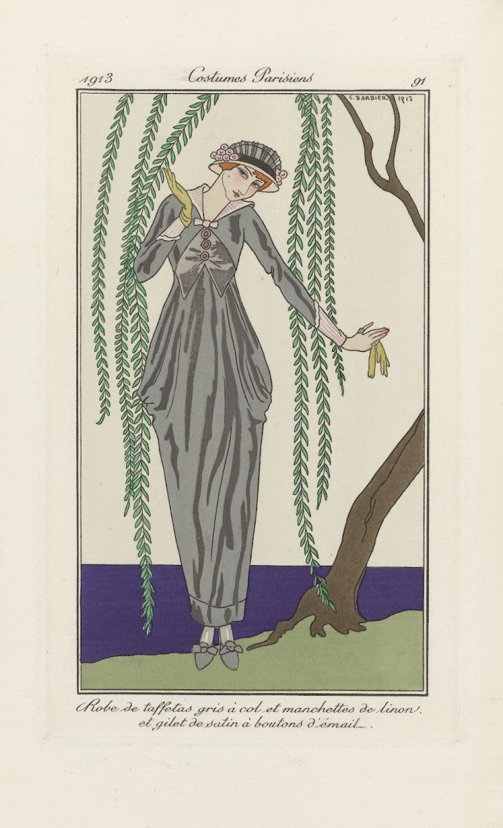 Robe de taffetas gris à col et manchettes de linon et gilet de satin à boutons d