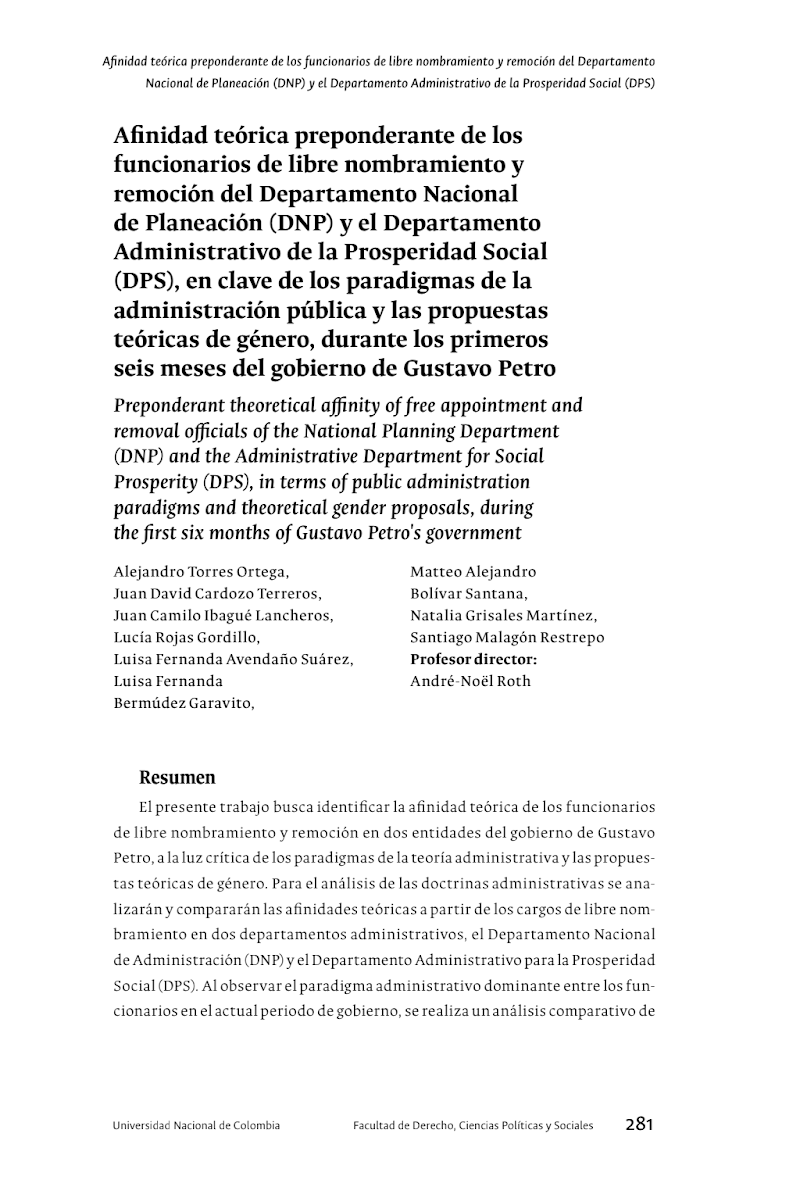 Semillero OBSAP 1: Afinidad teórica preponderante de los funcionarios de libre nombramiento y remoción del Departamento Nacional de Planeación (DNP) y el Departamento Administrativo de la Prosperidad Social (DPS), en clave de los paradigmas de la administración pública y las propuestas teóricas de género, durante los primeros seis meses del gobierno de Gustavo Petro