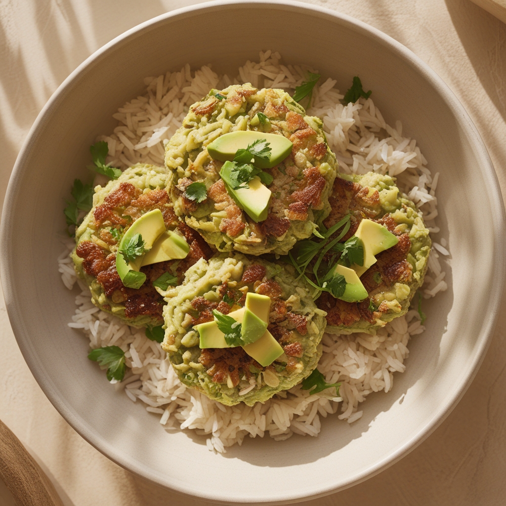 Crunchy Avocado Tuna Cakes over Coconut Rice with Sriramala Yogurt