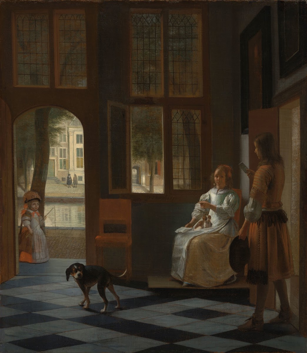 Man Handing a Letter to a Woman in the Entrance Hall of a House 1670