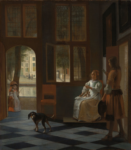 Man Handing a Letter to a Woman in the Entrance Hall of a House 1670