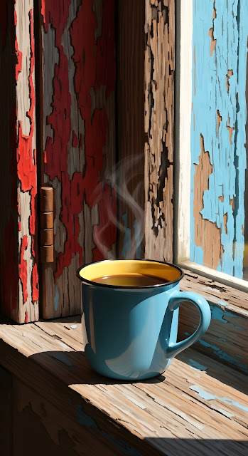 Steaming Coffee Mug on Rustic Peeling Paint Window Sill - Free mobile Wallpaper