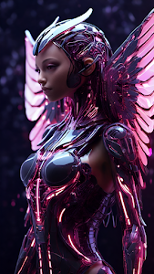 Cybernetic Angel Neon Pink Cyborg Wings Portrait