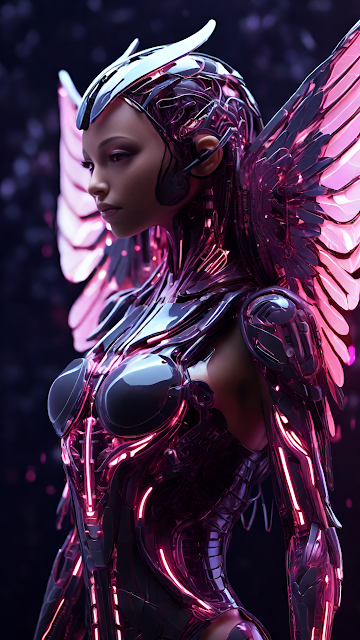 Cybernetic Angel Neon Pink Cyborg Wings Portrait - Free mobile Wallpaper