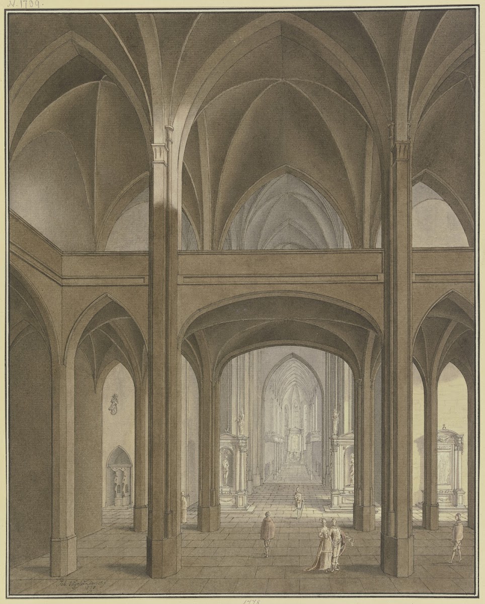 Blick auf Lettner und Chor einer gotischen Kirche mit Renaissance Altären und St