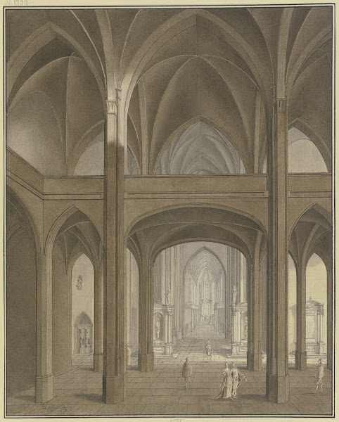 Blick auf Lettner und Chor einer gotischen Kirche mit Renaissance Altären und St