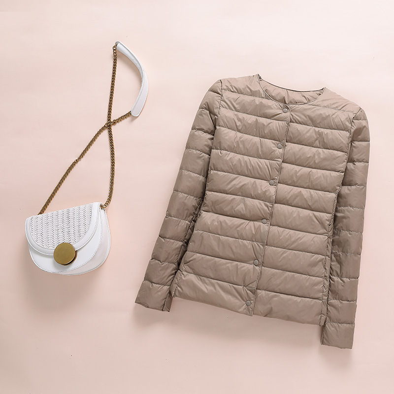 Lightweight women's down jacket, collarless, short