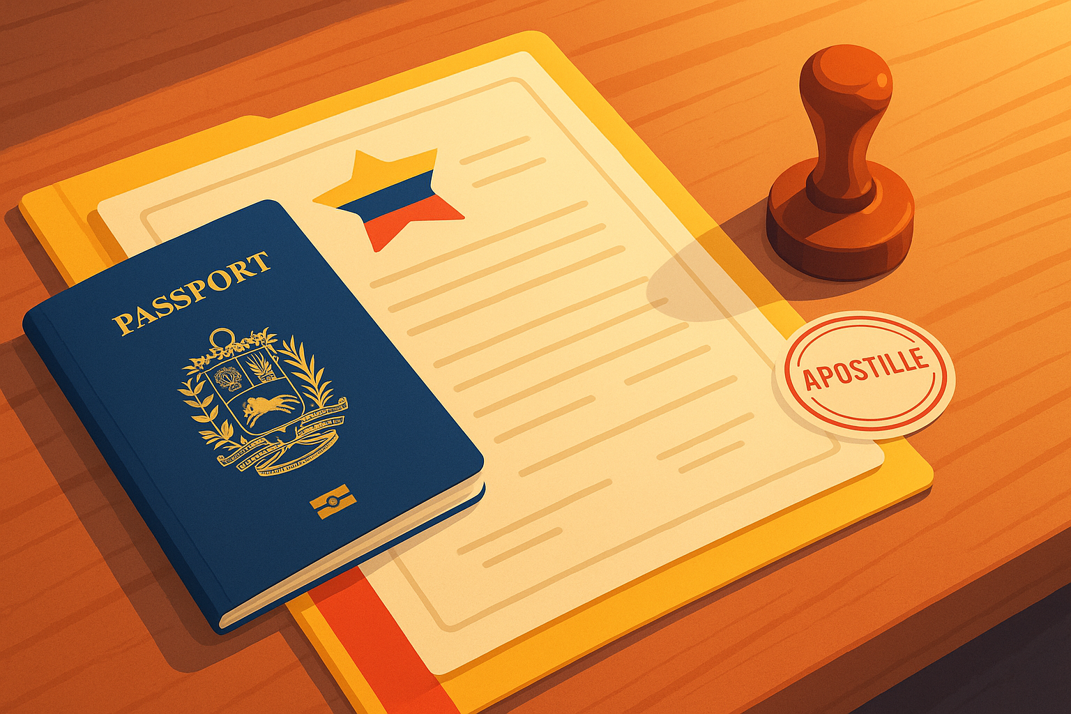Carpeta de documentos para migración y apostilla en Venezuela con pasaporte venezolano
