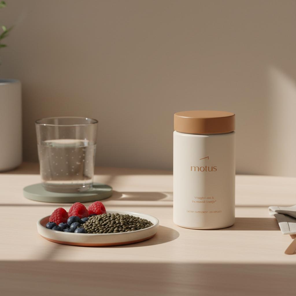 Close-up of Motus bottle on a light wooden counter with a glass of water and a small dish of lentils and berries, minimalist Tonum scene emphasizing natural appetite suppressants.