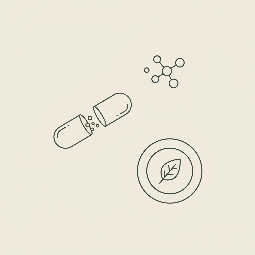 Minimalist Tonum-style line illustration of a capsule, stylized molecule, and plate with leaf on beige background representing alpha-lipoic acid side effects