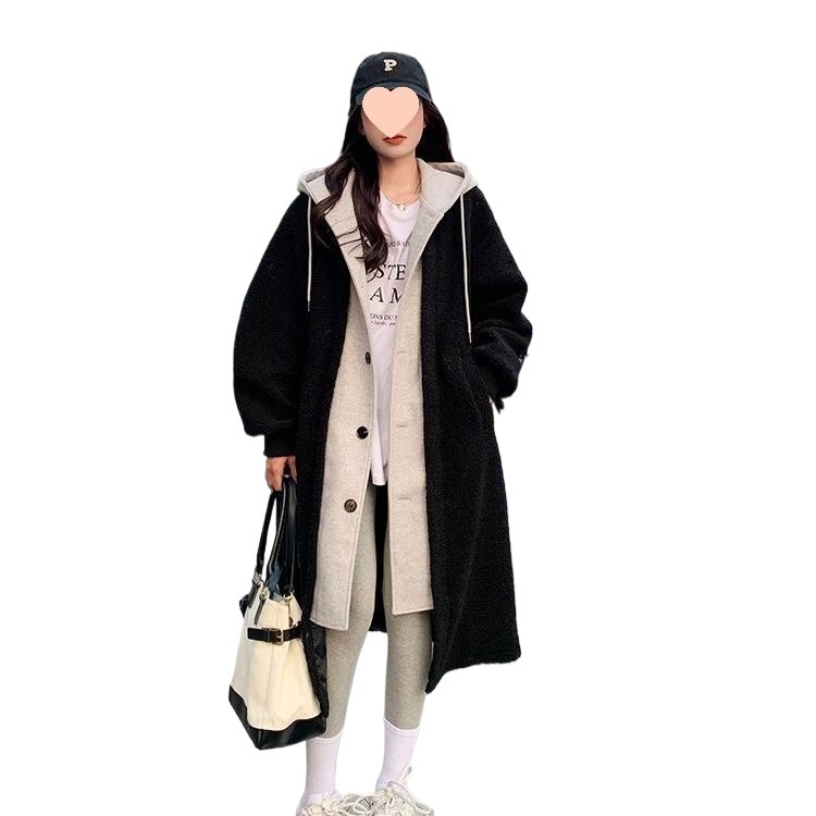 Long lamb fleece coat with hood and tie belt