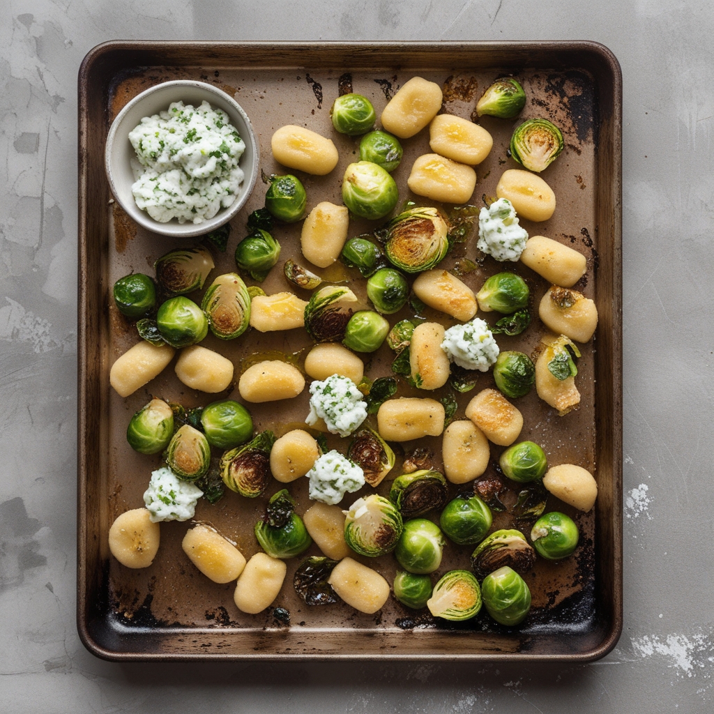 Sheet Pan Hot Honey Butter Gnocchi & Crispy Brussels Sprouts with Lemon-Herb Ricotta