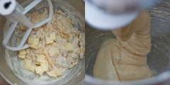 Cho bơ vào âu. Dùng máy đánh trứng đánh khoảng 2-3 phút cho đến khi hỗn hợp quyện đặc. Sau đó nếu bạn có máy đánh trứng để bàn có thể nhồi được bánh mì thì nhồi khoảng 9-15 phút, còn không thì nhồi tay. Rồi để bột nghỉ khoảng 15 phút.