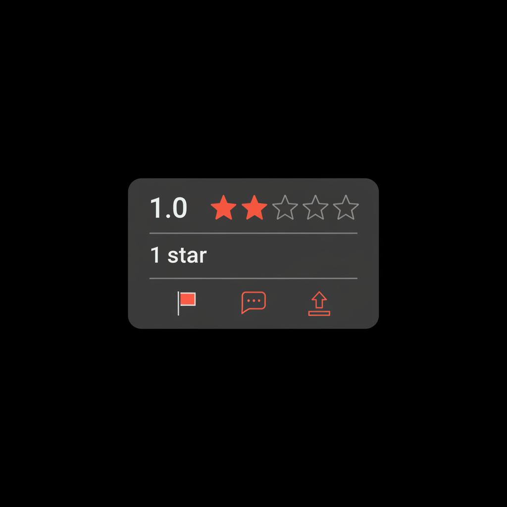 Minimal vector infographic of a generic online review card with a highlighted negative star and flag, reply, escalate icons on black background — bad review on Google