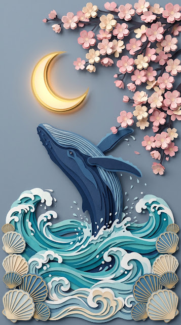 3D Papercut Style Illustration of a Whale under a Glowing Crescent Moon - Free mobile Wallpaper